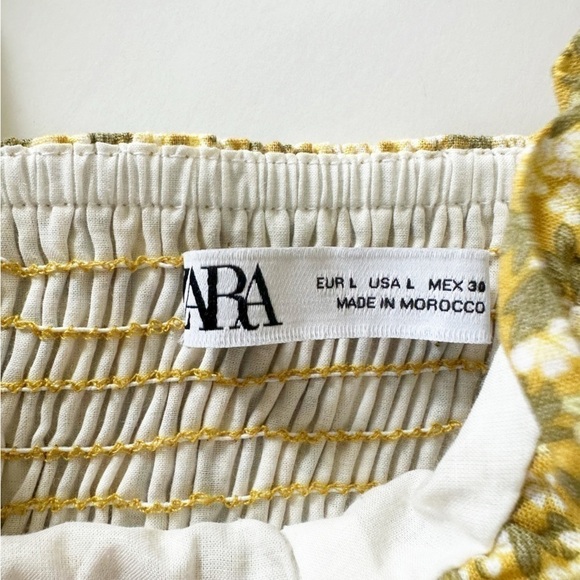 Zara Women’s Large Yellow Green Smocked Puff Sleeve Mini Dress - Picture 5 of 8